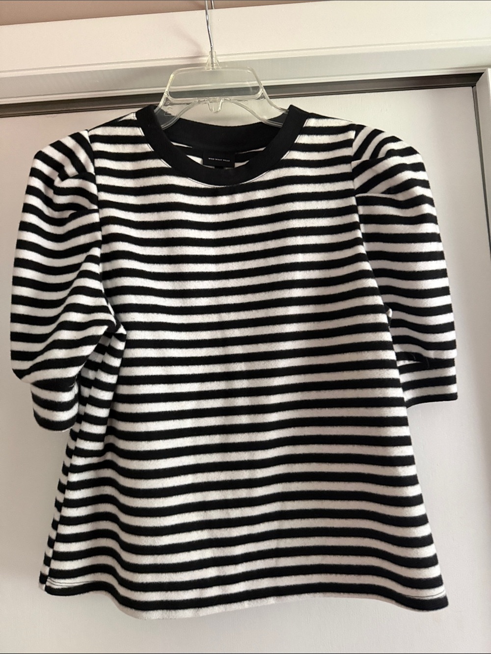 Who What Wear Womens Top Puff Short Sleeve Black White Stripe Crop Pullover M